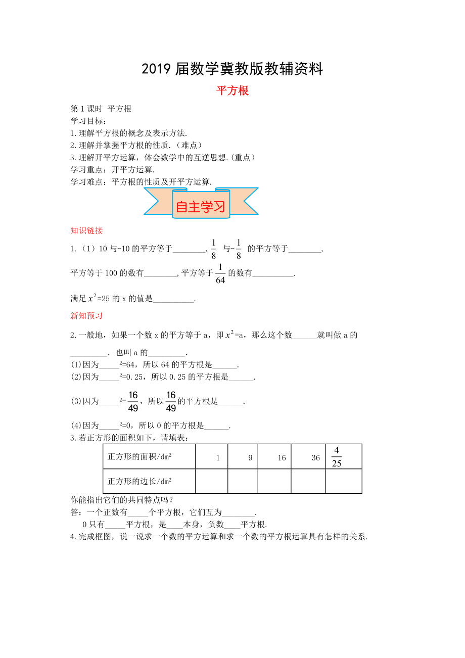 【冀教版】八年级数学上册学案 平方根_第1页