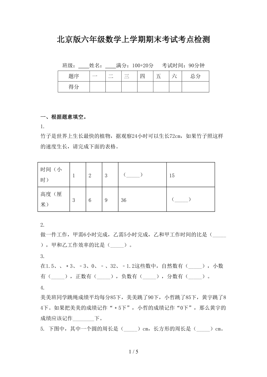 北京版六年级数学上学期期末考试考点检测_第1页