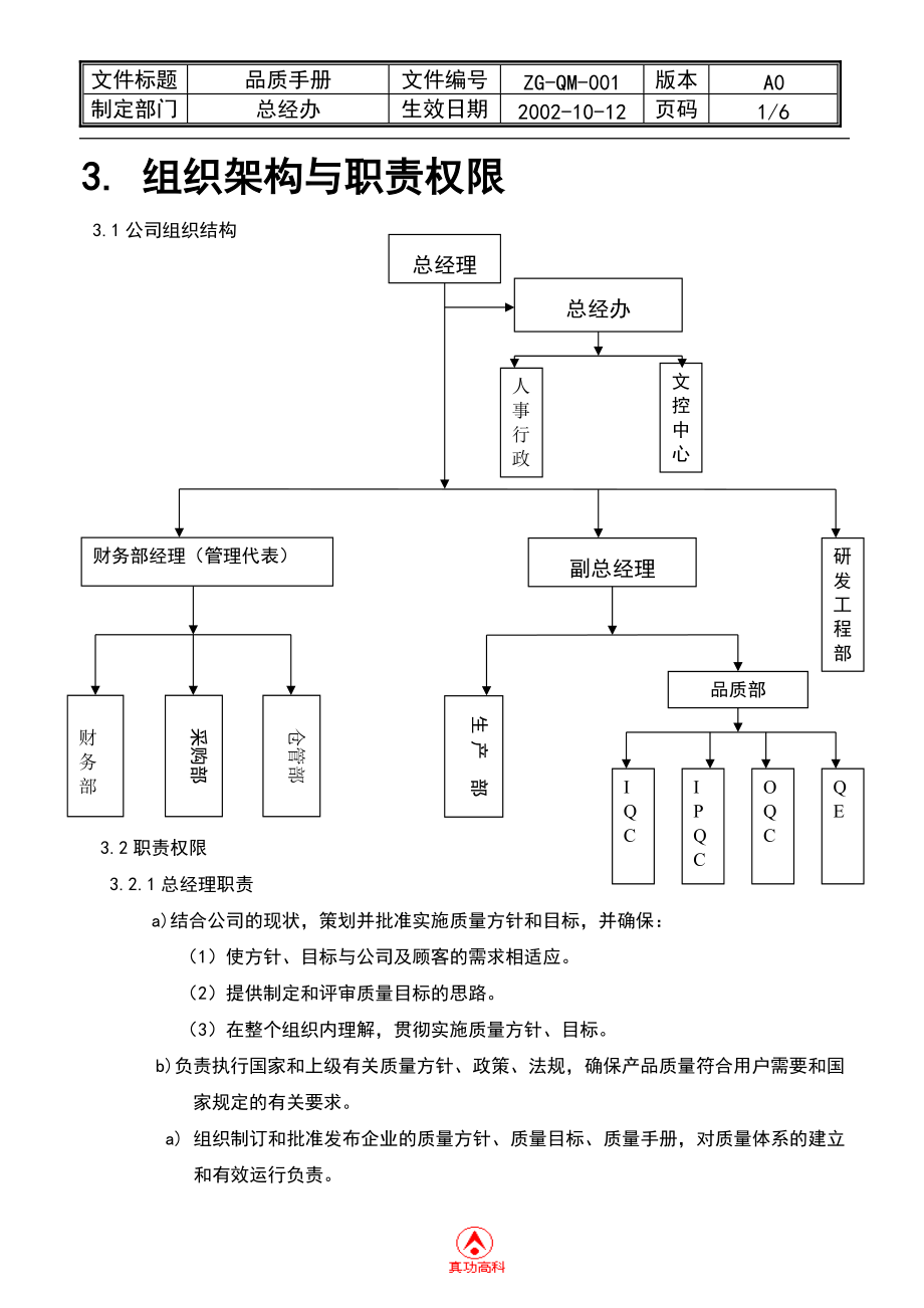 02937質(zhì)量管理體系認(rèn)證品質(zhì)手冊3 組織架構(gòu)與職責(zé)權(quán)限_第1頁