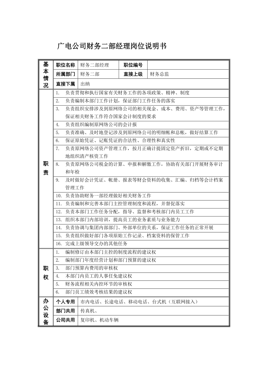 广电公司财务二部经理岗位说明书_第1页