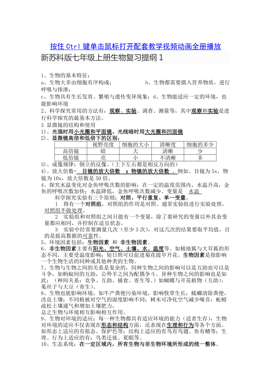 新苏科版七年级上册生物知识要点复习提纲_第1页