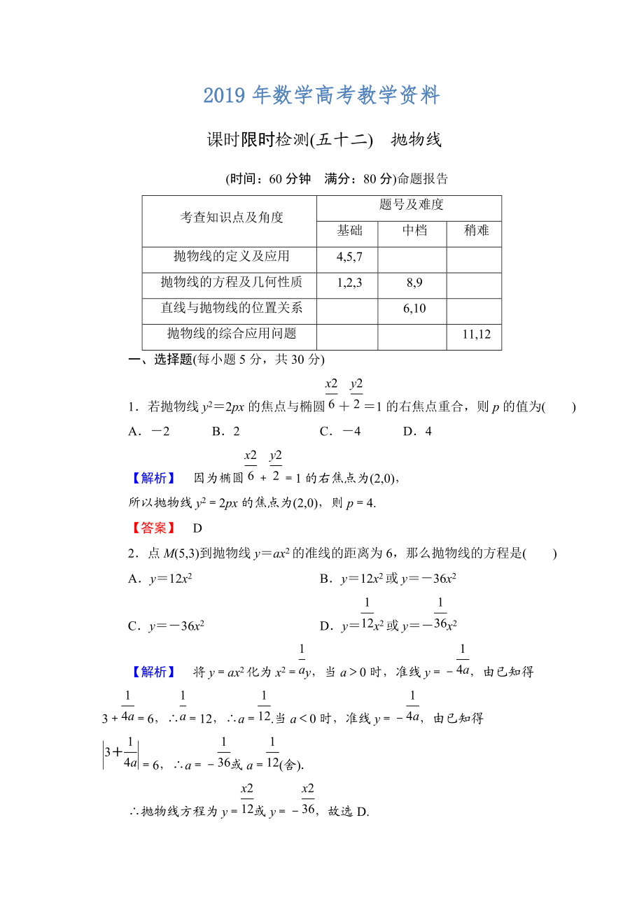 高三數(shù)學理,山東版一輪備課寶典 【第八章】課時限時檢測52_第1頁