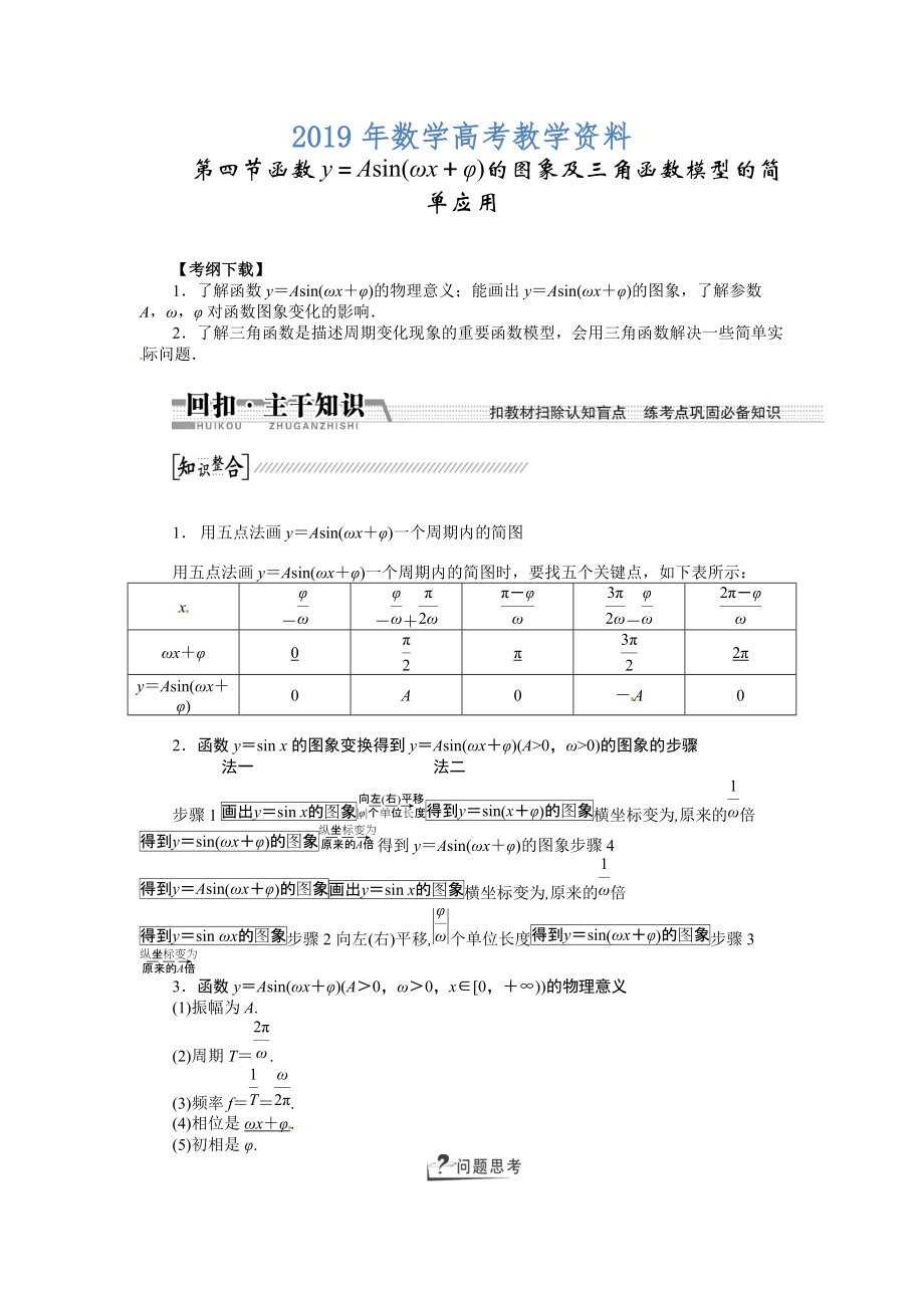 高考數(shù)學(xué)復(fù)習(xí)：第三章 ：第四節(jié)函數(shù)y＝Asin(ωx＋φ)的圖象及三角函數(shù)模型的簡單應(yīng)用回扣主干知識提升學(xué)科素養(yǎng)_第1頁