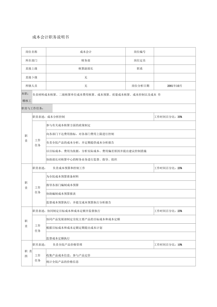 航材院财务部成本会计职务说明书_第1页