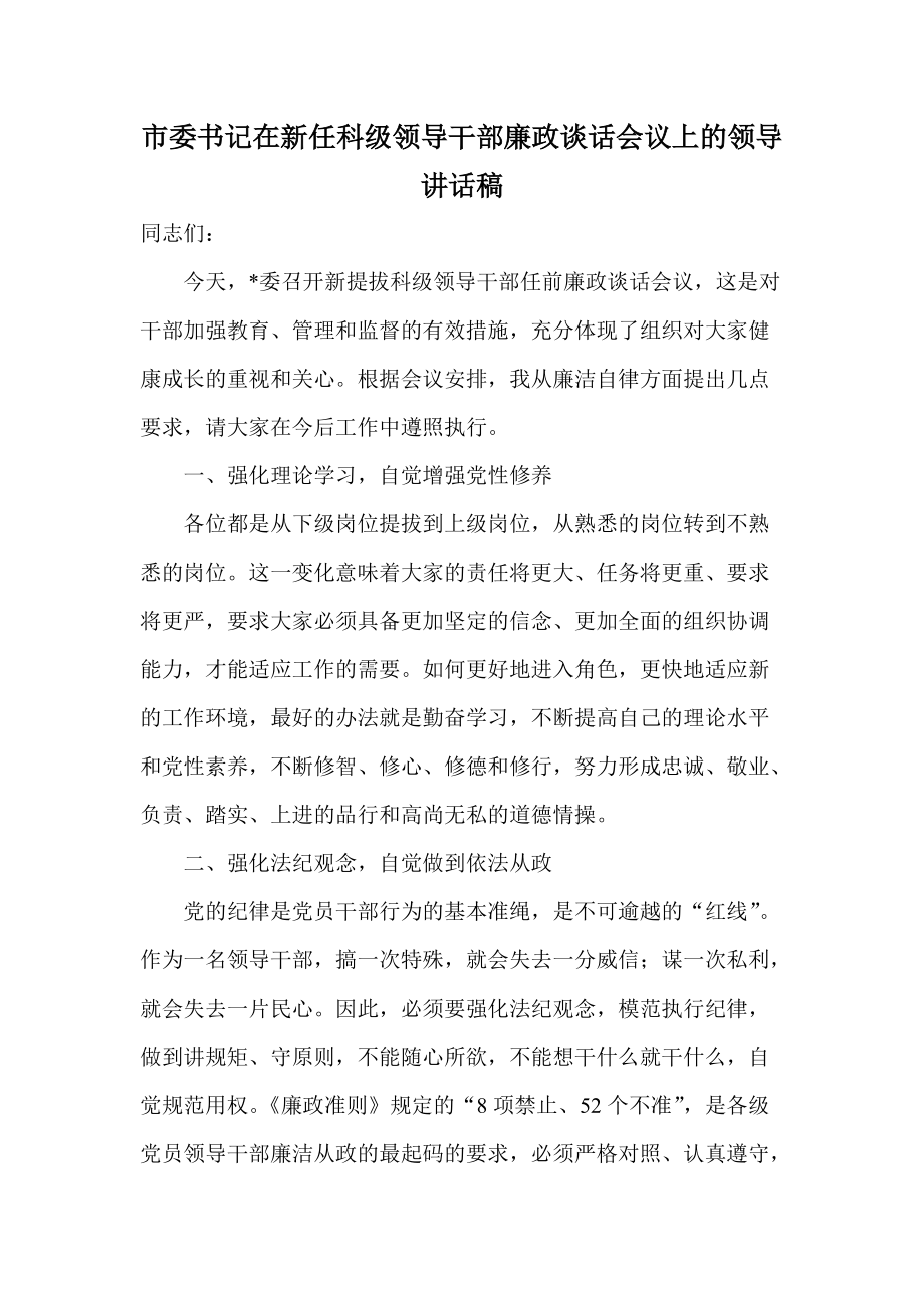 市委书记在新任科级领导干部廉政谈话会议上的领导讲话稿_第1页