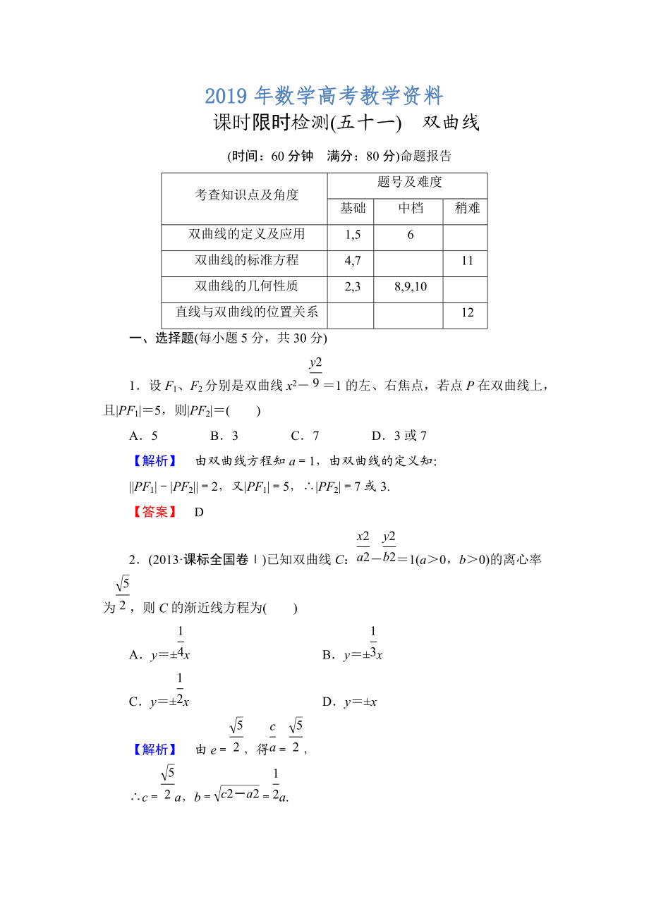 高三數學理,山東版一輪備課寶典 【第八章】課時限時檢測51_第1頁