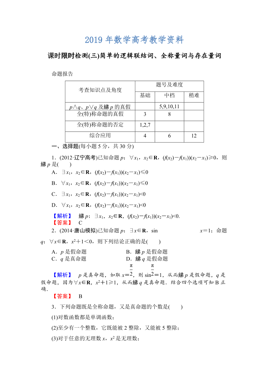 高三數(shù)學(xué)理,山東版一輪備課寶典 【第1章】課時(shí)限時(shí)檢測(cè)3_第1頁(yè)