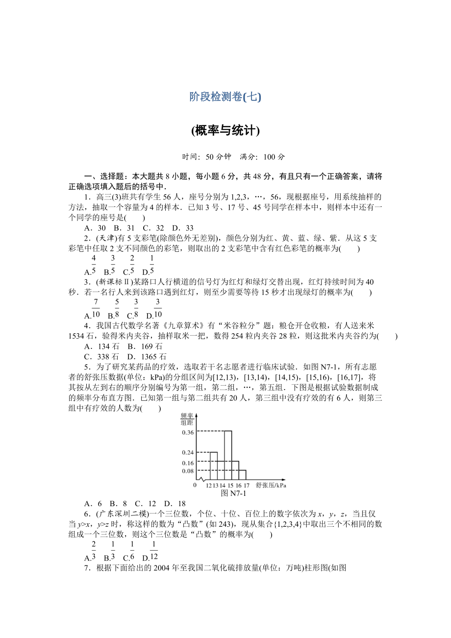 高考总复习数学 理科作业及测试：阶段检测卷七 Word版含解析_第1页