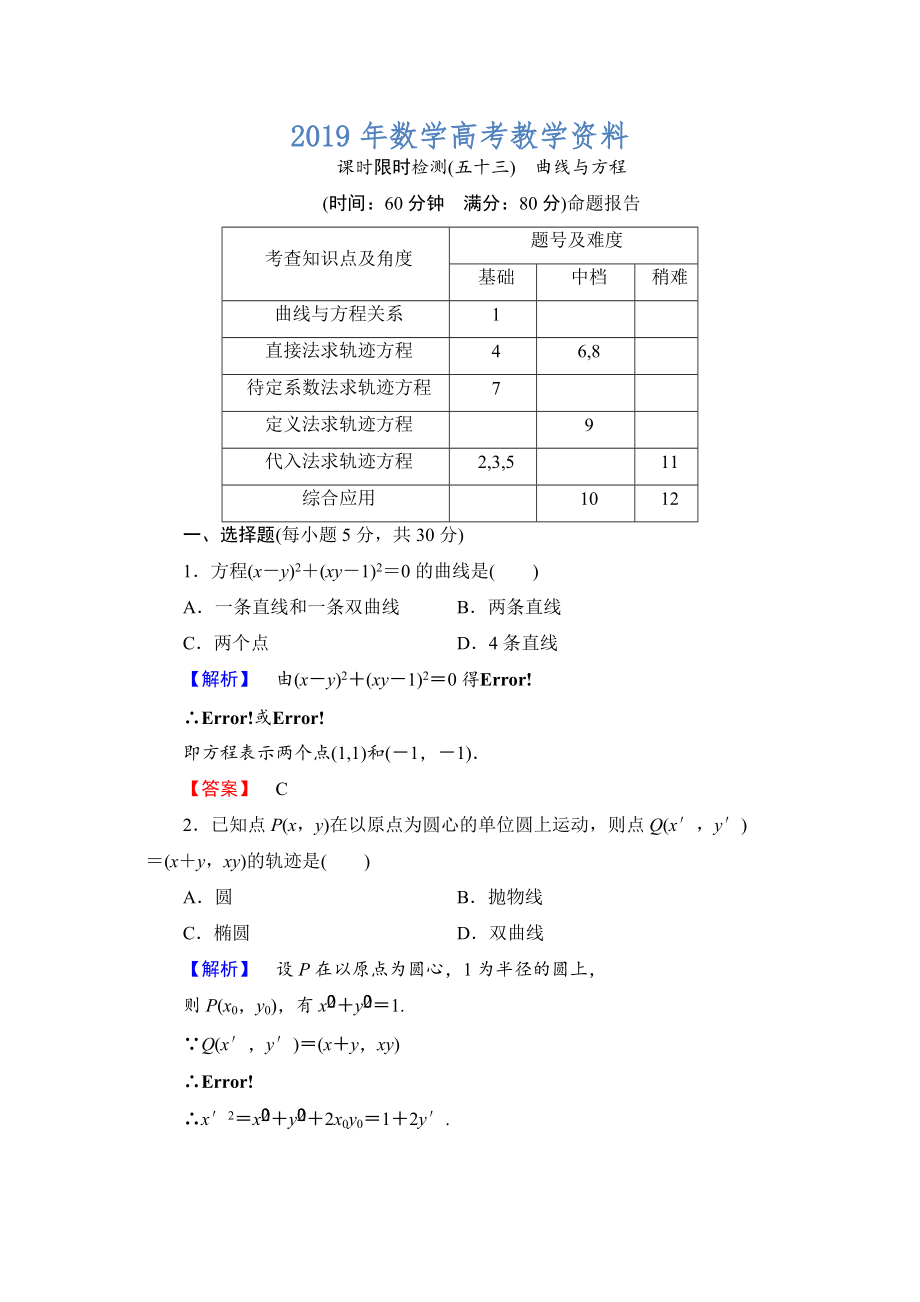 高三數(shù)學(xué)理,山東版一輪備課寶典 【第八章】課時限時檢測53_第1頁