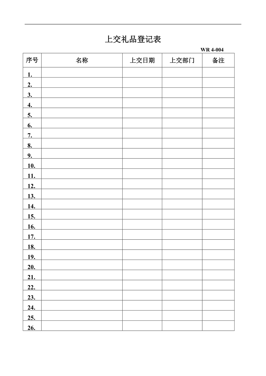 上交禮品登記表