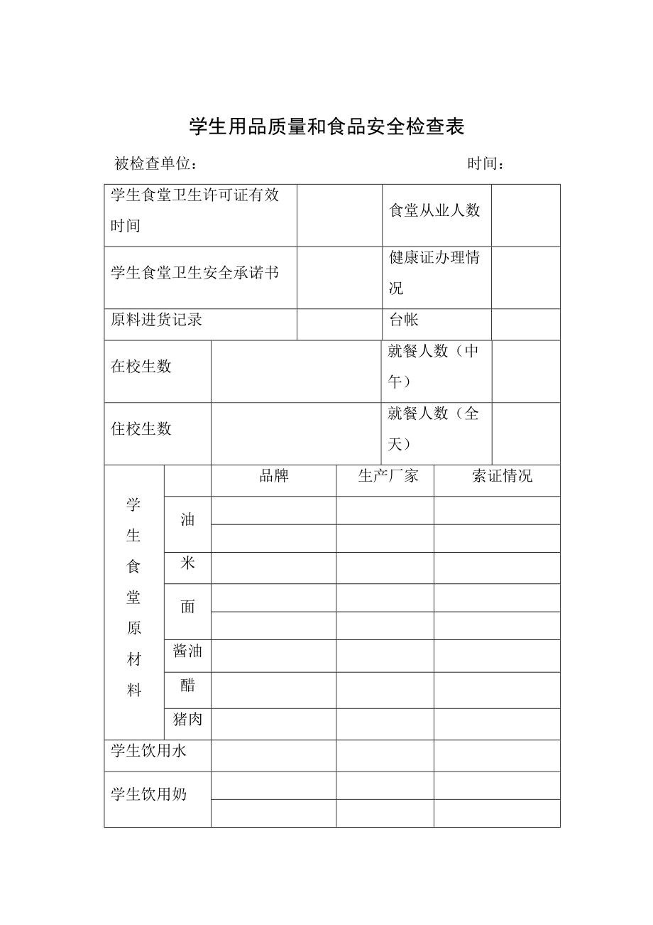 学生用品质量和食品安全检查表_第1页