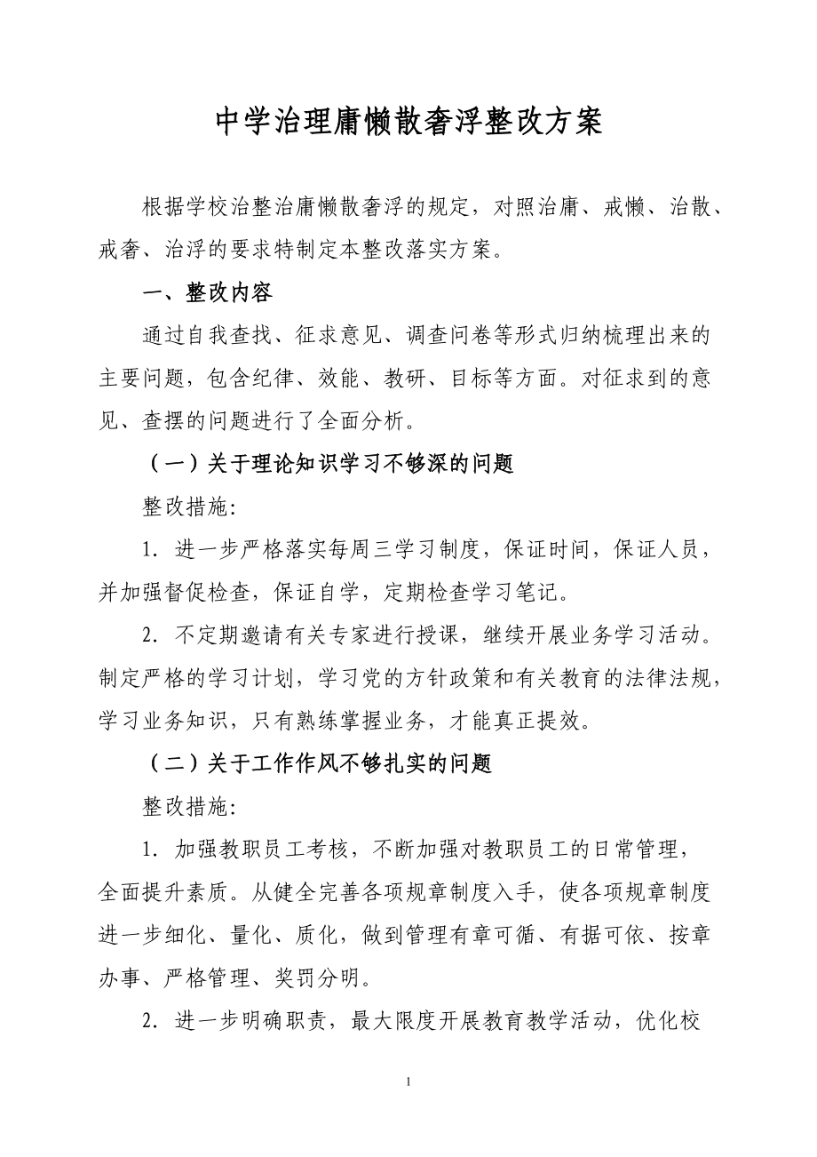 中学治理庸懒散奢浮整改方案_第1页