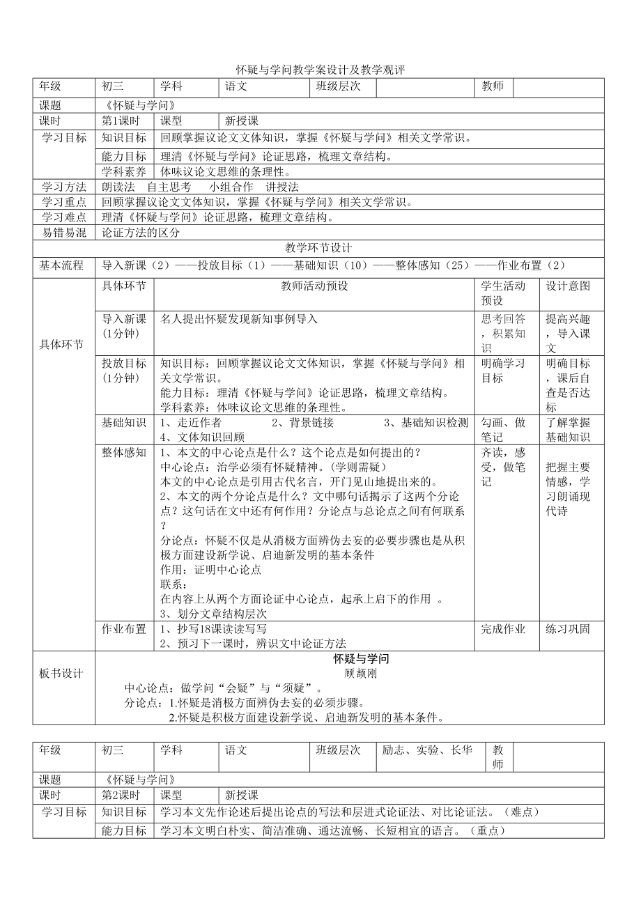 第19課《懷疑與學(xué)問》教案 2021—2022學(xué)年部編版語文九年級(jí)上冊(cè)_第1頁