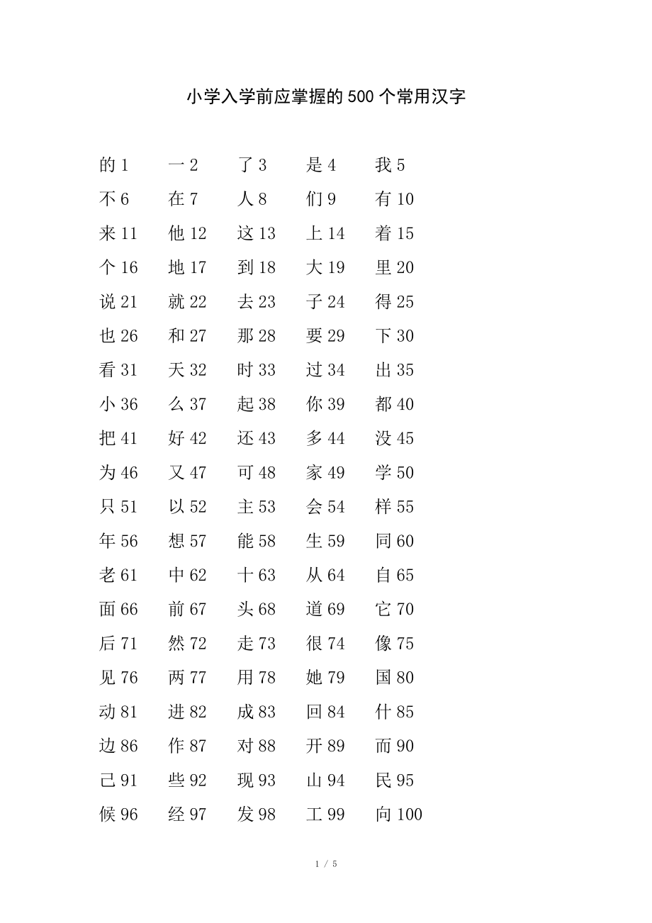 【幼小銜接】小學(xué)入學(xué)前應(yīng)掌握的500個(gè)常用漢字_第1頁