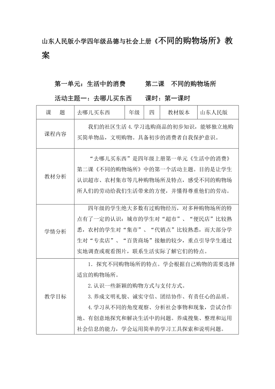 山東人民版小學(xué)四年級(jí)品德與社會(huì)上冊(cè)《不同的購(gòu)物場(chǎng)所》教案_第1頁(yè)