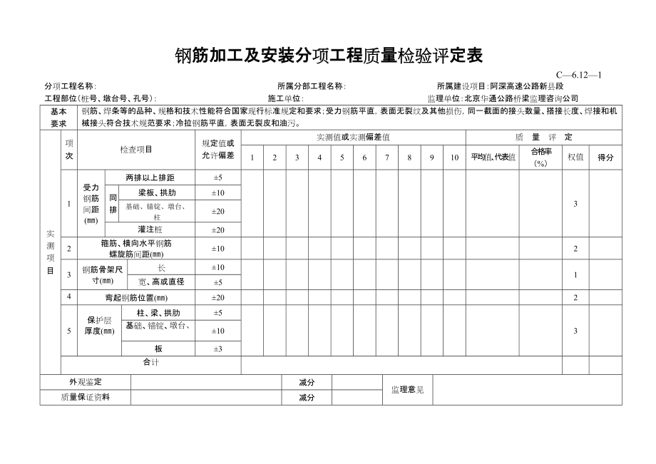 钢筋加工及安装分项工程质量检验评定表_第1页