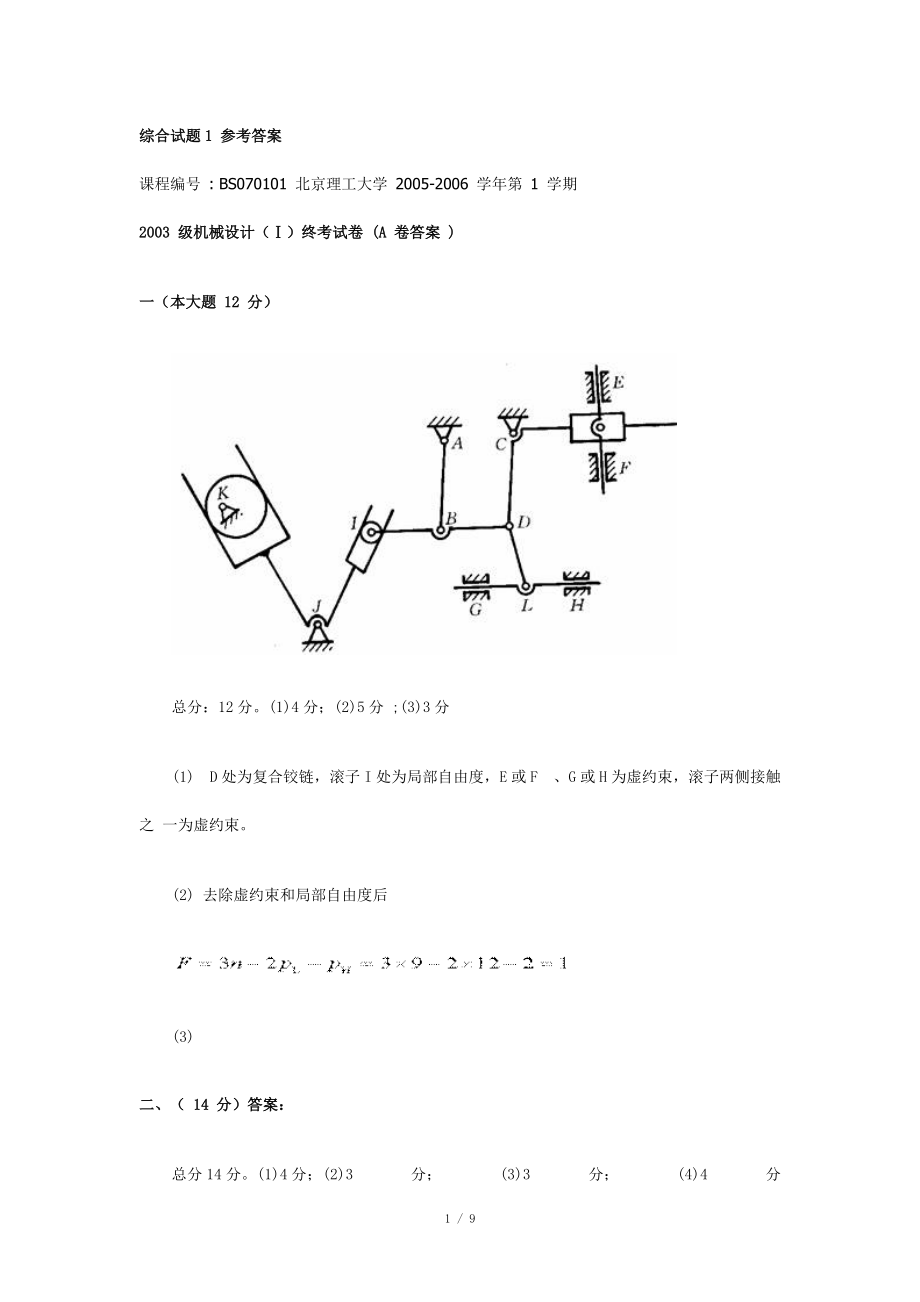 2003 级机械设计(Ⅰ)终考试卷 (A 卷 ) 参考答案_第1页