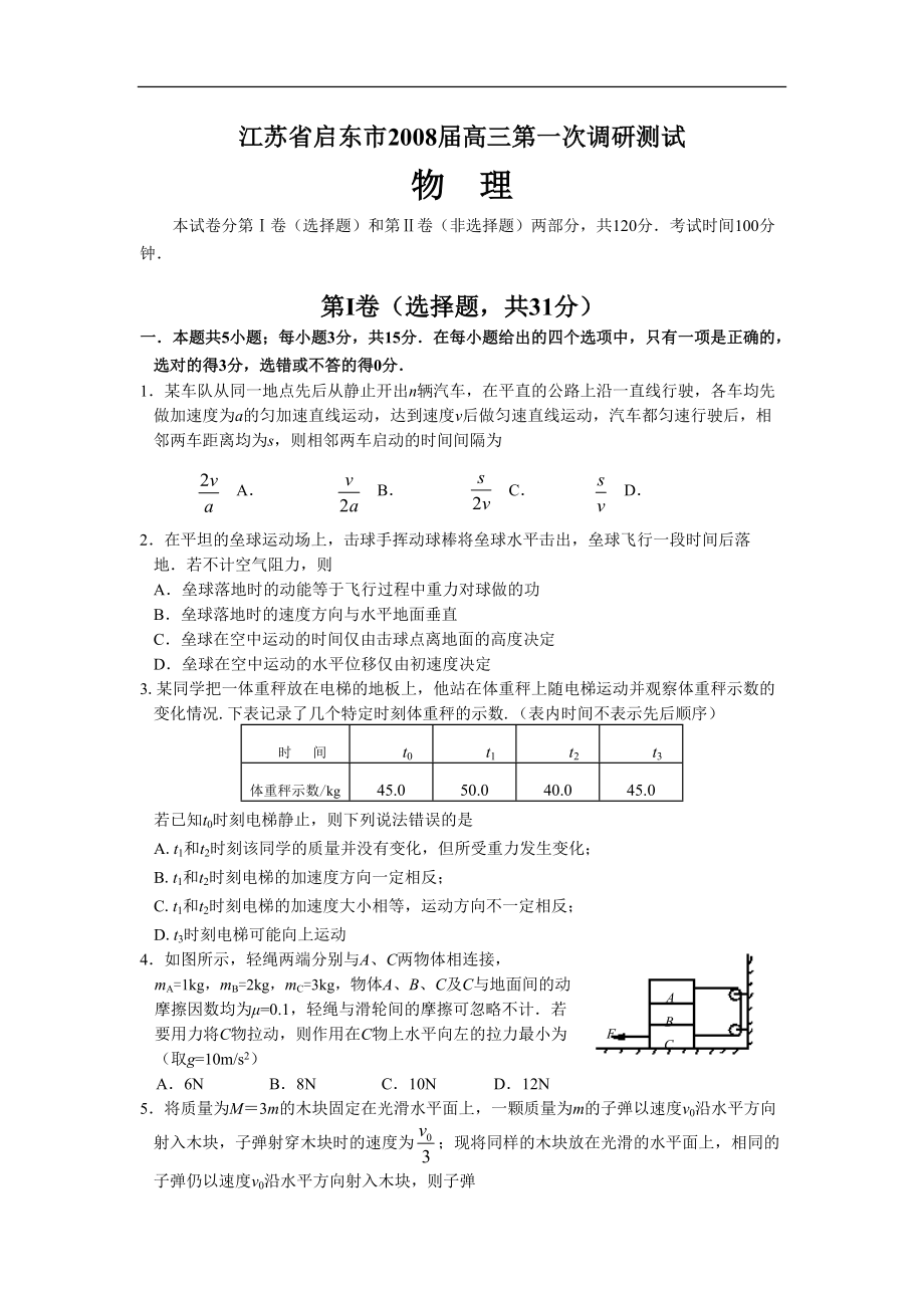 启东高三第一次调研测试物理试题_第1页