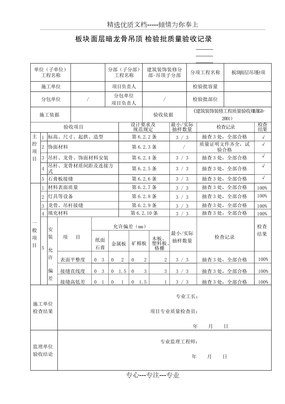 板块面层暗龙骨吊顶检验批质量验收记录(共2页)_第1页