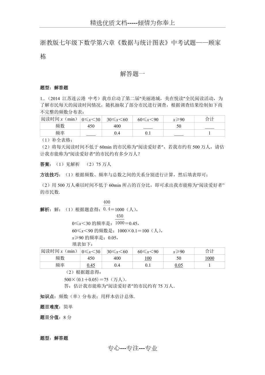 浙教版七年級下數(shù)學第六章《數(shù)據(jù)與統(tǒng)計圖表》中考試題(解答題一)——顧家棟(共12頁)_第1頁