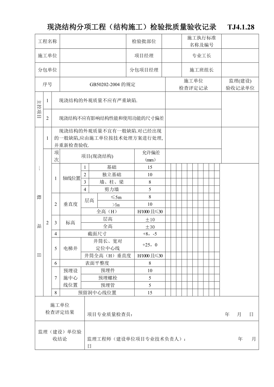 江苏资料表格土建TJ4.1.28现浇结构分项工程（结构施工）检验批质量验收记录_第1页