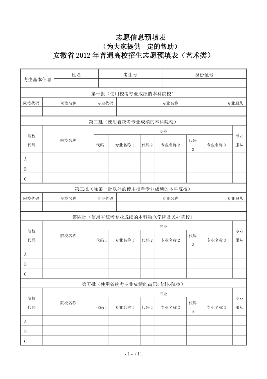 2012年安徽省高考志愿表Word版_第1页