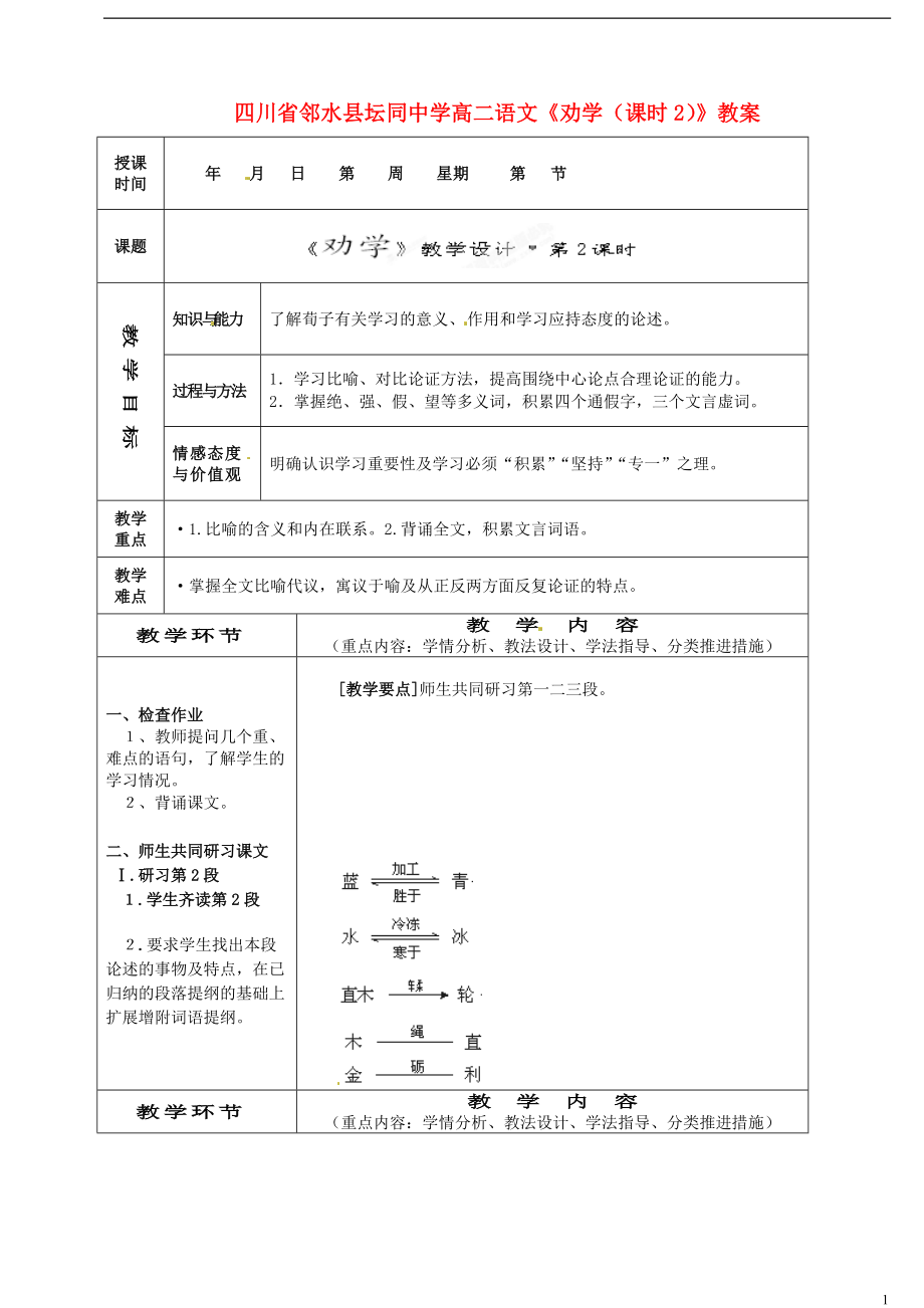 四川省邻水县坛同中学高二语文《劝学（课时2）》教案_第1页