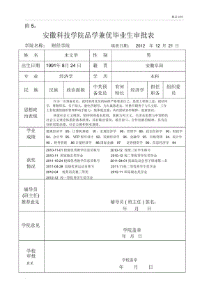 安徽科技學(xué)院品學(xué)兼優(yōu)畢業(yè)生審批表