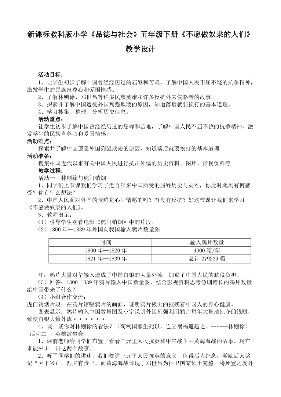 新课标教科版小学《品德与社会》五年级下册《不愿做奴隶的人们》教学设计_第1页