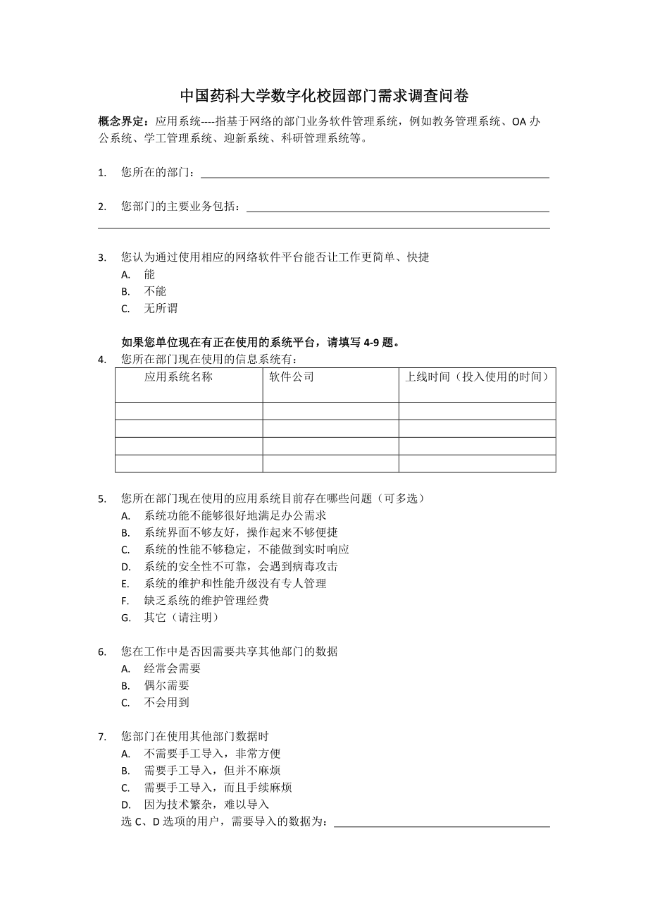 各部門數(shù)字化校園需求調(diào)查問卷doc中國(guó)藥科大學(xué)_第1頁(yè)