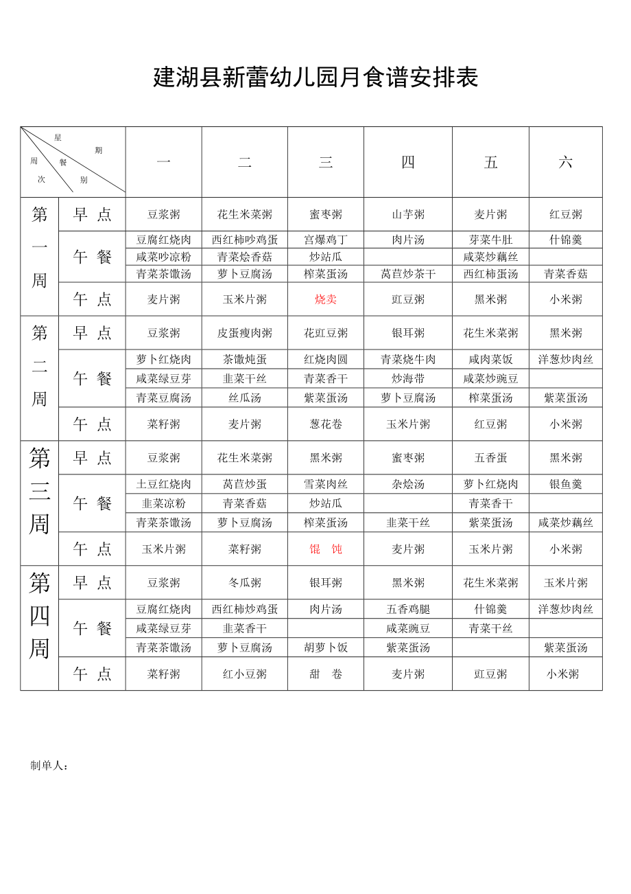 建湖县新蕾幼儿园月食谱安排表_第1页