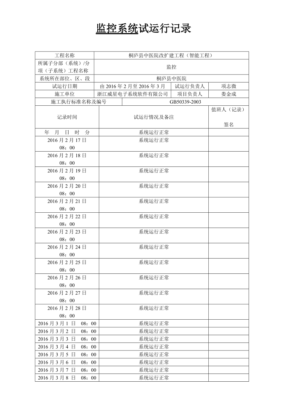 视频监控系统试运行记录_第1页