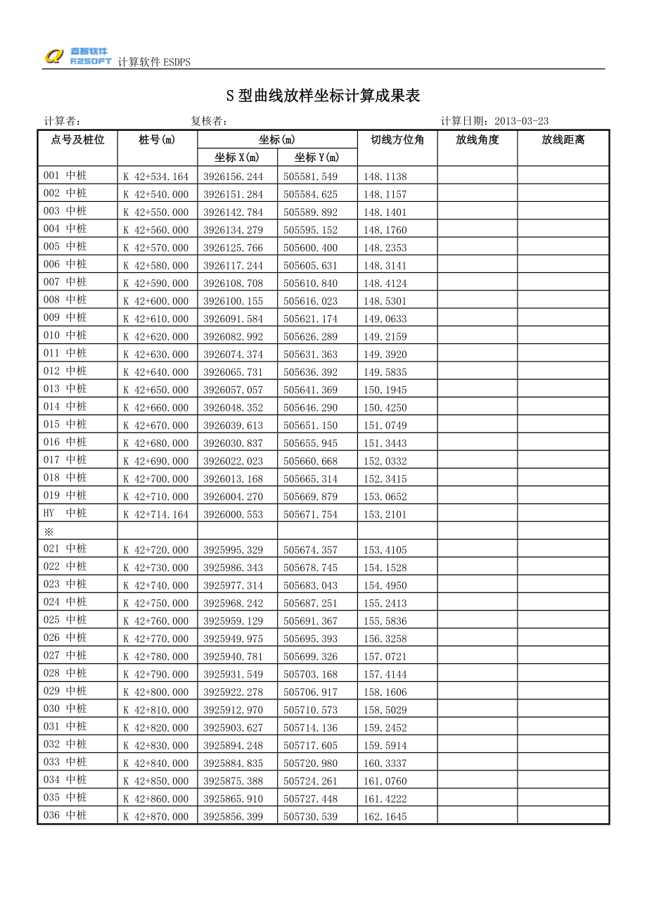 S型曲线放样坐标计算成果表_第1页