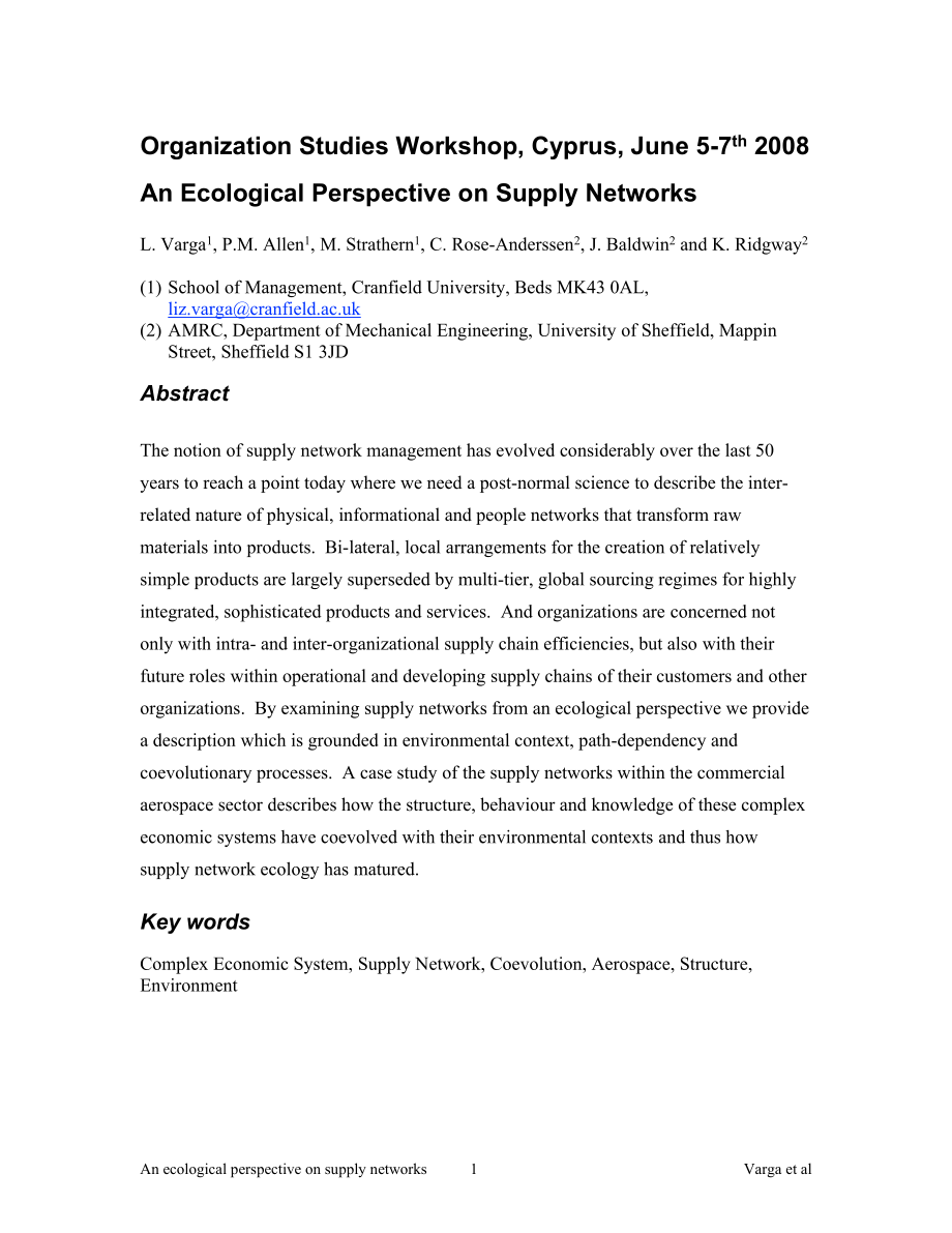 Organization Studies Workshop, Cyprus, June 57 thAn Ecological Perspective on Supply Networks_第1页