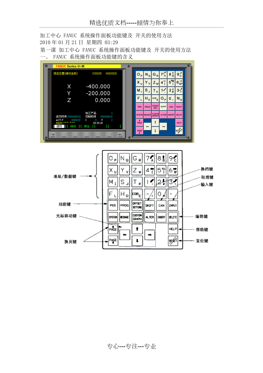 fanuc系统操作面板功能键及开关的使用方法共13页