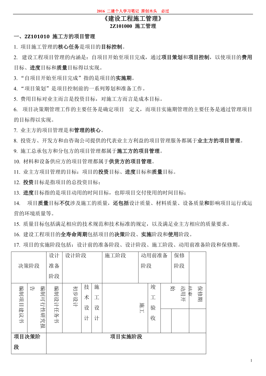 二级建造师 建设工程施工管理 个人学习笔记分享 木头原创二建必过_第1页