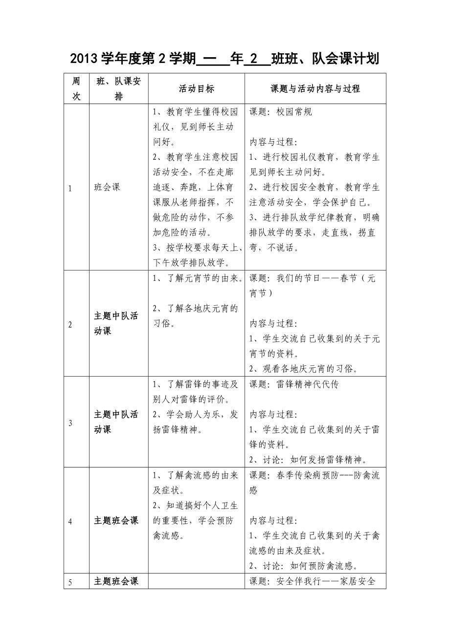 2013学年度第二学期一年（2）班班、队会课计划_第1页