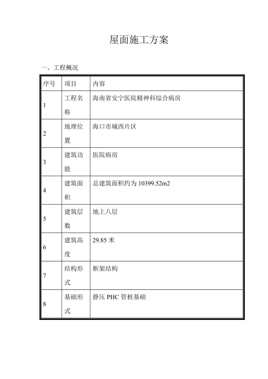 海南某多层框架结构医院屋面施工方案(PHC管桩基础、附详图)_第1页