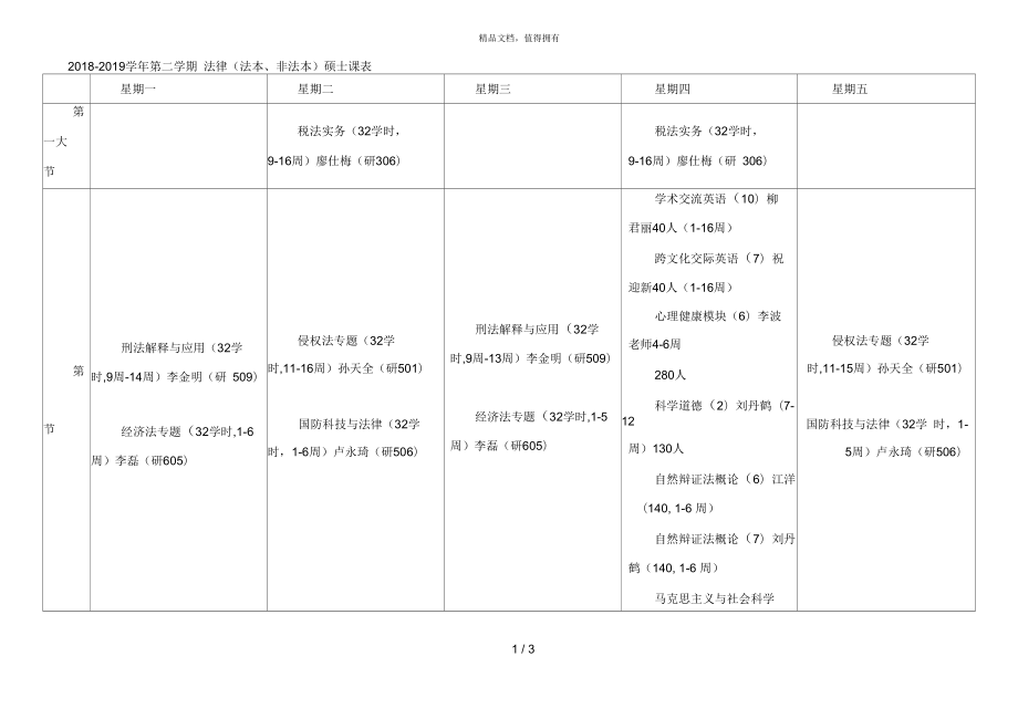 2018-2019学年第二学期法律硕士课表_第1页