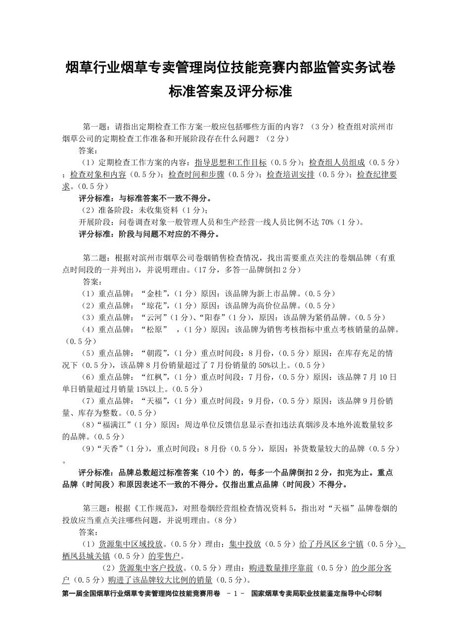 烟草行业烟草专卖管理岗位技能竞赛内部监管实务试卷标准答案及评分标准_第1页