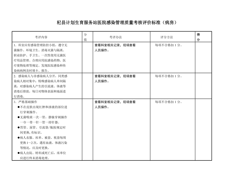 县计划生育服务站医院感染管理质量考核评价标准_第1页