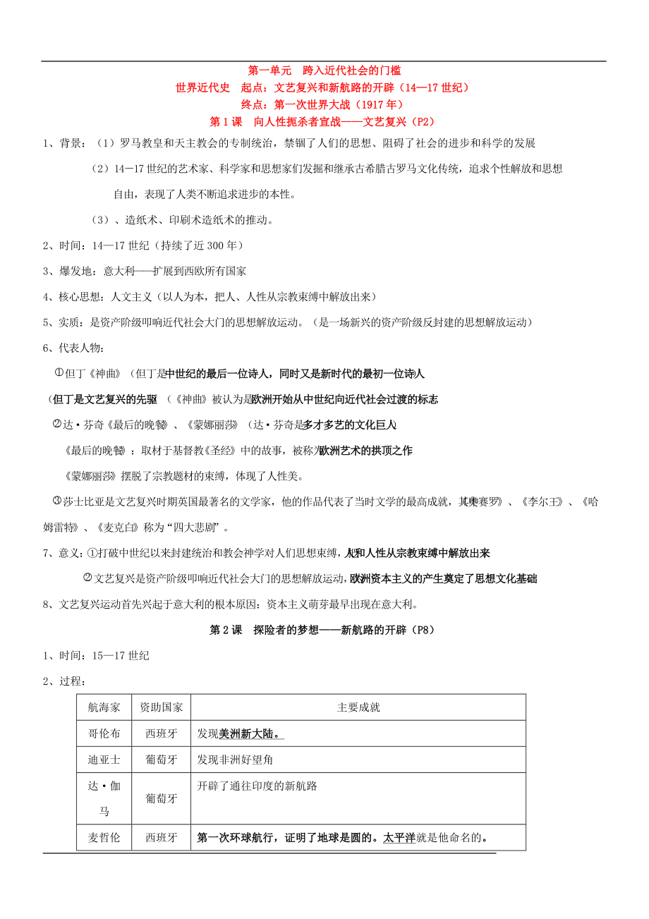 北师大版九年级上册历史复习提纲及上学期期中试卷--附答案_第1页