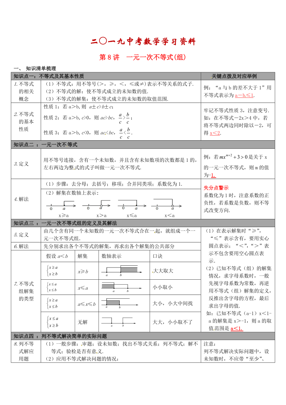 【冀教版】中考數(shù)學(xué)：知識(shí)清單梳理 第8講一元一次不等式(組)_第1頁(yè)