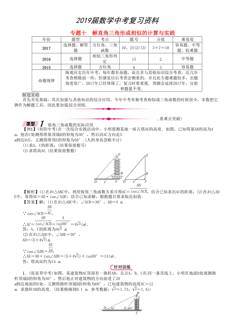 河北省中考数学总复习 专题10解直角三角形或相似的计算与实践精讲试_第1页