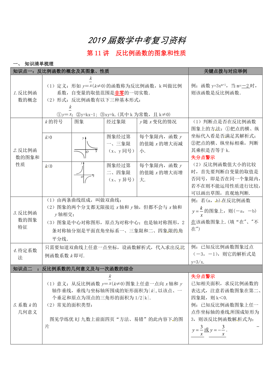 【冀教版】中考數(shù)學：知識清單梳理 第11講反比例函數(shù)的圖象和性質(zhì)_第1頁