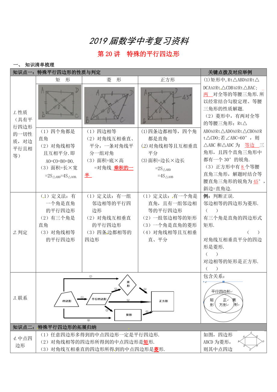 【冀教版】中考數(shù)學(xué)：知識(shí)清單梳理 第20講特殊的平行四邊形_第1頁(yè)