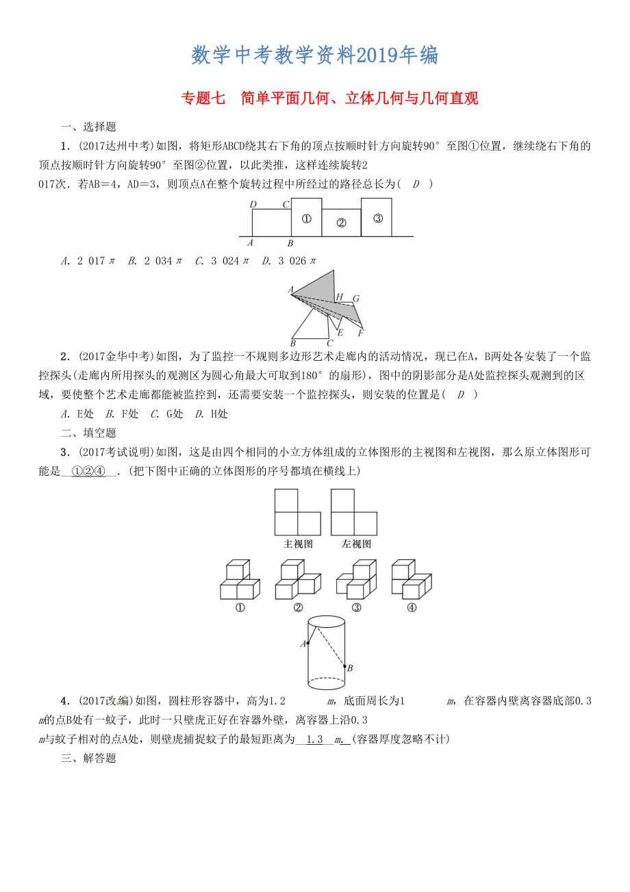 河北省中考數(shù)學總復習 專題7簡單平面幾何立體幾何與幾何直觀精練試題_第1頁