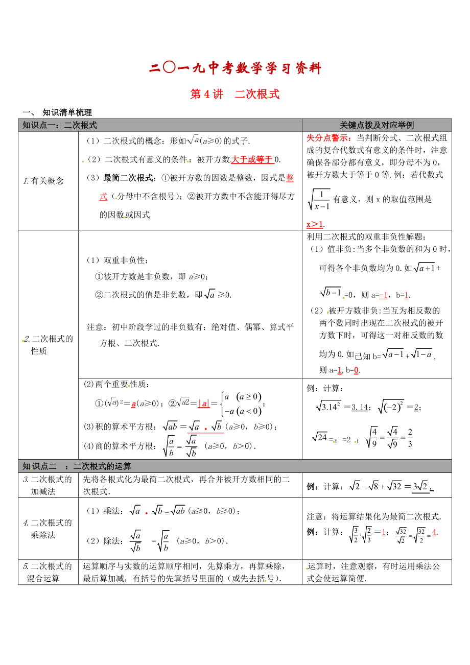 【冀教版】中考數(shù)學：知識清單梳理 第4講二次根式_第1頁