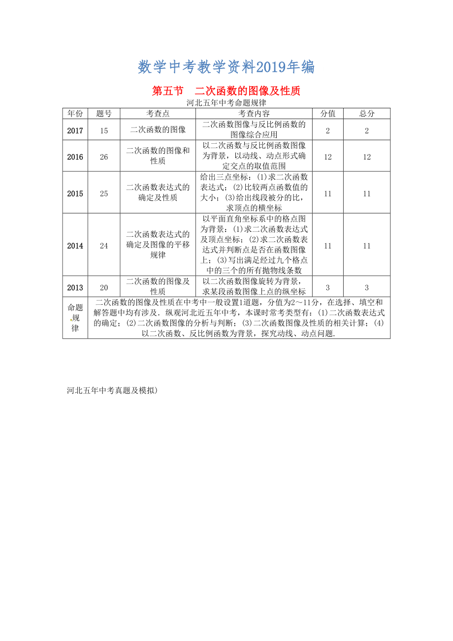 河北省中考数学总复习 第3章函数及其图像第5节二次函数的图像及性质精讲试题_第1页