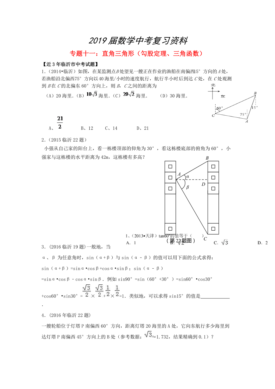 山東省臨沂市中考數(shù)學(xué)二輪專題復(fù)習(xí) 專題11 直角三角形勾股定理、三角函數(shù)_第1頁